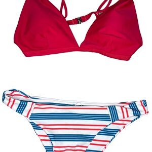 Red Bikini Top and Striped Bottom Swim Set